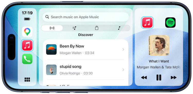 Car Dashboard music screen on iPhone with Apple Music search, a Discover list and a now playing track, plus Spotify
