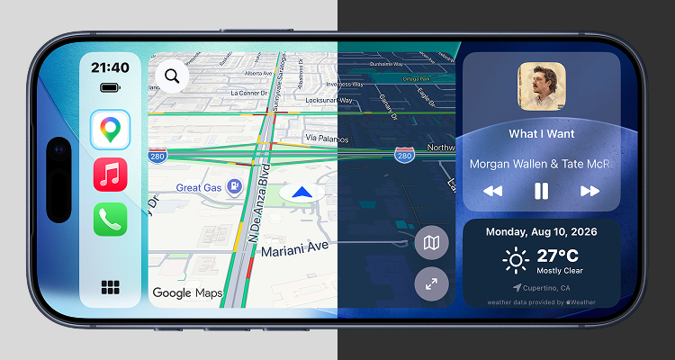 Car Dashboard shown on iPhone split down the middle: light mode on the left, dark mode on the right, with map, music and weather