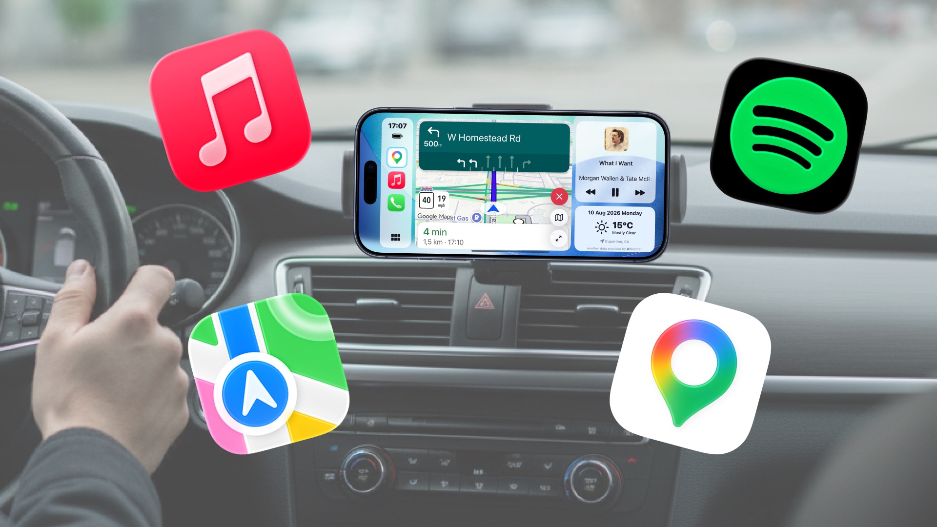 Car Dashboard running on an iPhone mounted in the car with live turn-by-turn navigation, plus Apple Music, Spotify and Maps