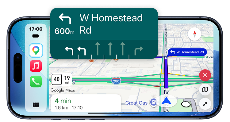 Car Dashboard navigation screen on iPhone showing Google Maps turn-by-turn directions, live traffic and arrival time
